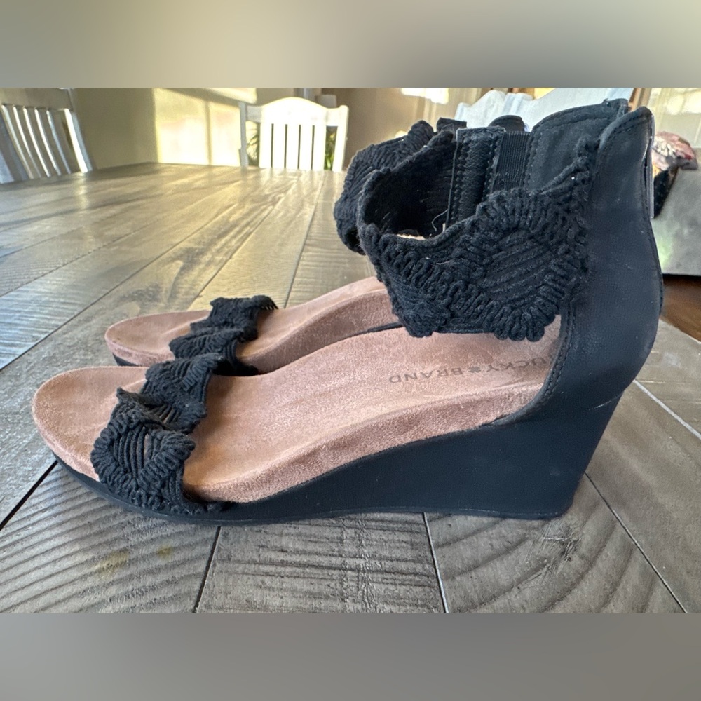Lucky Brand LP-Kaydyn Woven Crochet Black Heeled Sandals Women’s Size 7.5